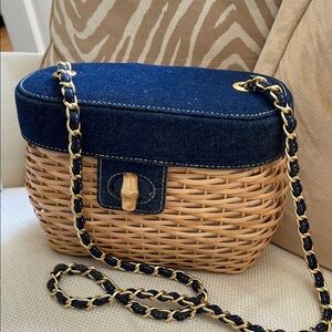 J. McLaughlin Denim and Wicker Crossbody Bag